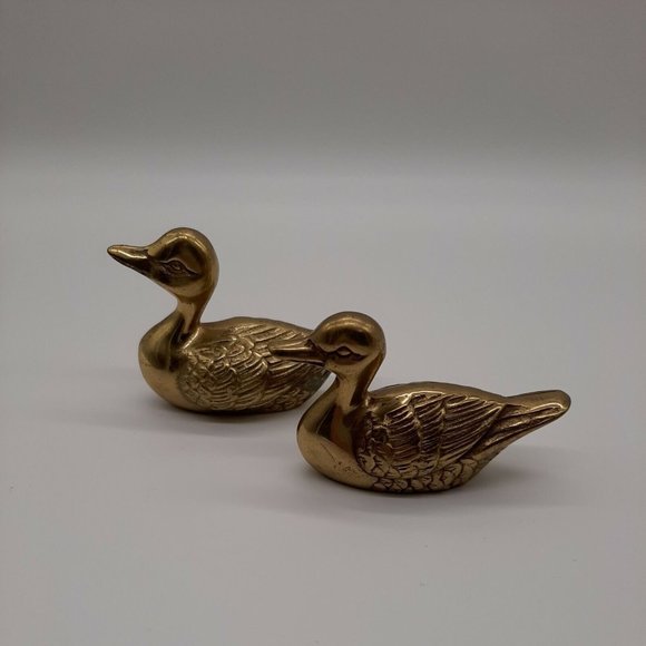 Vintage Pair Brass Swimming Duck Figurines Statues MCM Made in Korea Collectible